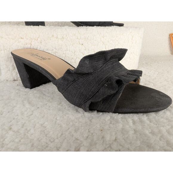Ruffle Block Heel Denim Slide Sandals Sz 7.5 Lena Luisa - Picture 2 of 13